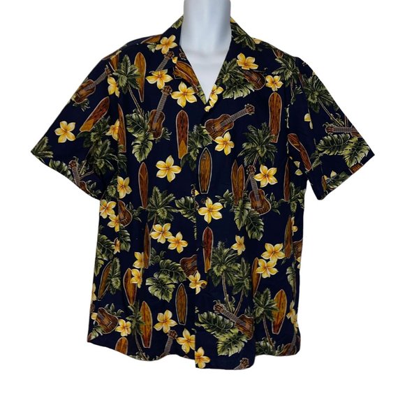 RJC Hawaiian Shirt Mens XL Surfboard Board Navy Floral Aloha Vacation Plumeria - Picture 1 of 10